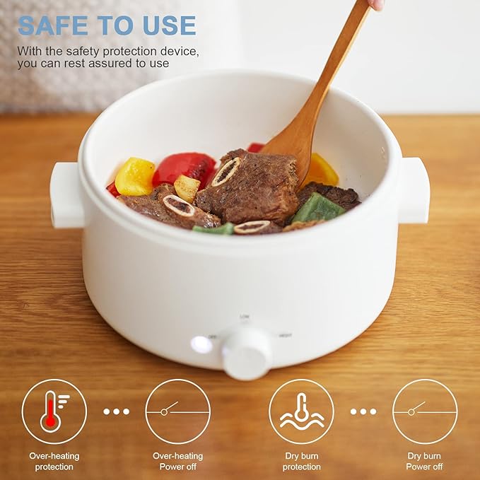 Hot Pot Electric,2L Ceramic Glaze Non-stick Pan, Portable Hot Pot with Dual Power Adjustment, Electric Cooker for Egg, Ramen, Oatmeal,Soup Quick Heating and Overheat Protection