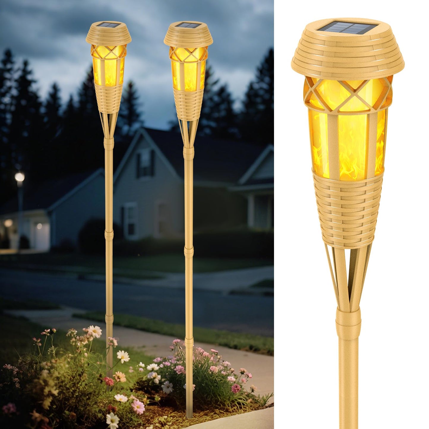 Evelynsun Solar Outdoor Torch Lights, Waterproof Flickering Flame Decor, 2 Pack, Yellow