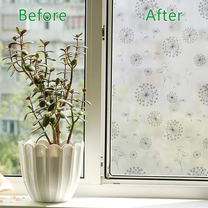 Filmgoo Window Privacy Film Non-Adhesive Sun Blocking Stained Glass Door Sticker Frosted Window Tinting Film for Home Office（Dandelion,35.4 Inch x 6.5 Feet）