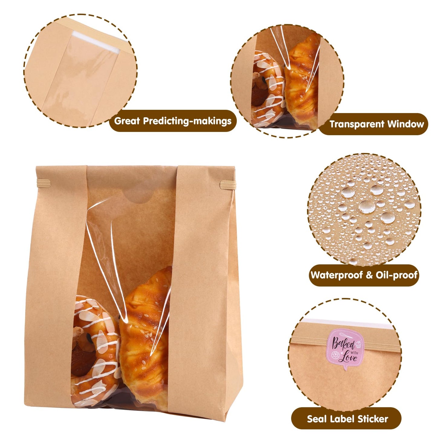 Moretoes 120 Pack Large Paper Bread Bags for Homemade Baked Goods, 13.7x8.3x3.5 Inches, Sourdough Bread Bags with Tin Tie Tab and Clear Front Window, Includes 144 Label Seal Stickers (Brown)