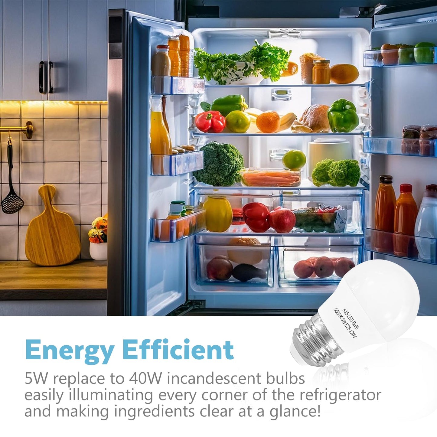 LOXYEE LED Refrigerator Light Bulb 2 Pack，Daylight White 5000K 120V 40W Equivalent Appliance Bulb，A15 5W E26 Base Waterproof Fridge Light Bulbs for Freezer Home Lighting,Small Light Bulb,Dimmable