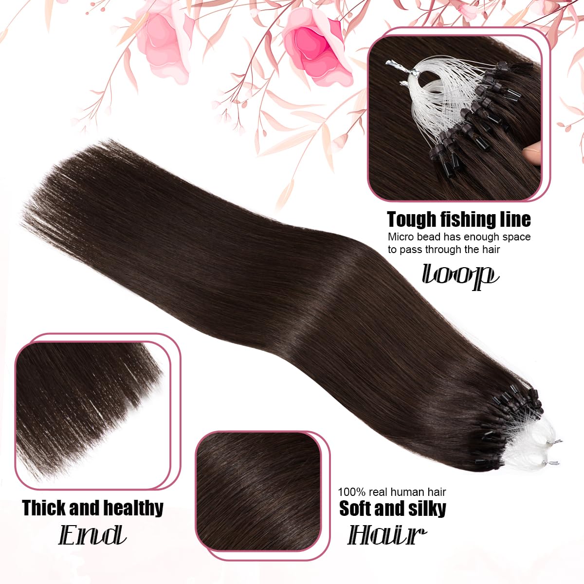 Kpvxxve Micro Link Brown Hair Extensions Human Hair Micro Loop Human Hair Extensions #2 Straight Natural Hair 16 Inch 1g/s 50g M