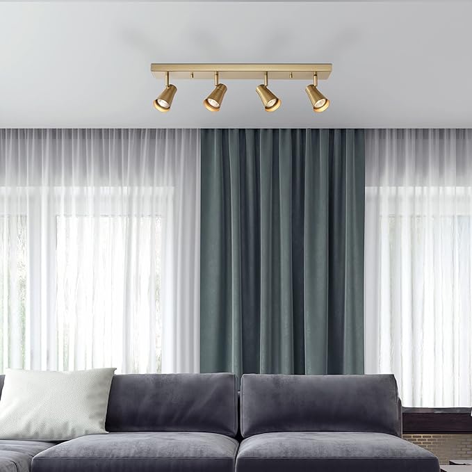 Globe Electric 64000046 4-Light Track Lighting, Matte Brass, Ceiling Light, Track Light Heads, Pivoting Track Heads, Track Ceiling Light, Track Lighting Kit, 4 Bulb Kitchen Light, GU10 Socket