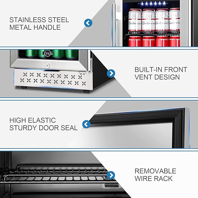 Tylza 15 Inch Beverage Refrigerator, 130 Cans Quiet Beverage Fridge, 15'' Beverage Cooler Under Counter with Glass Door and Lock for Built-in or Freestanding With Temperature Memory Function TYBC100