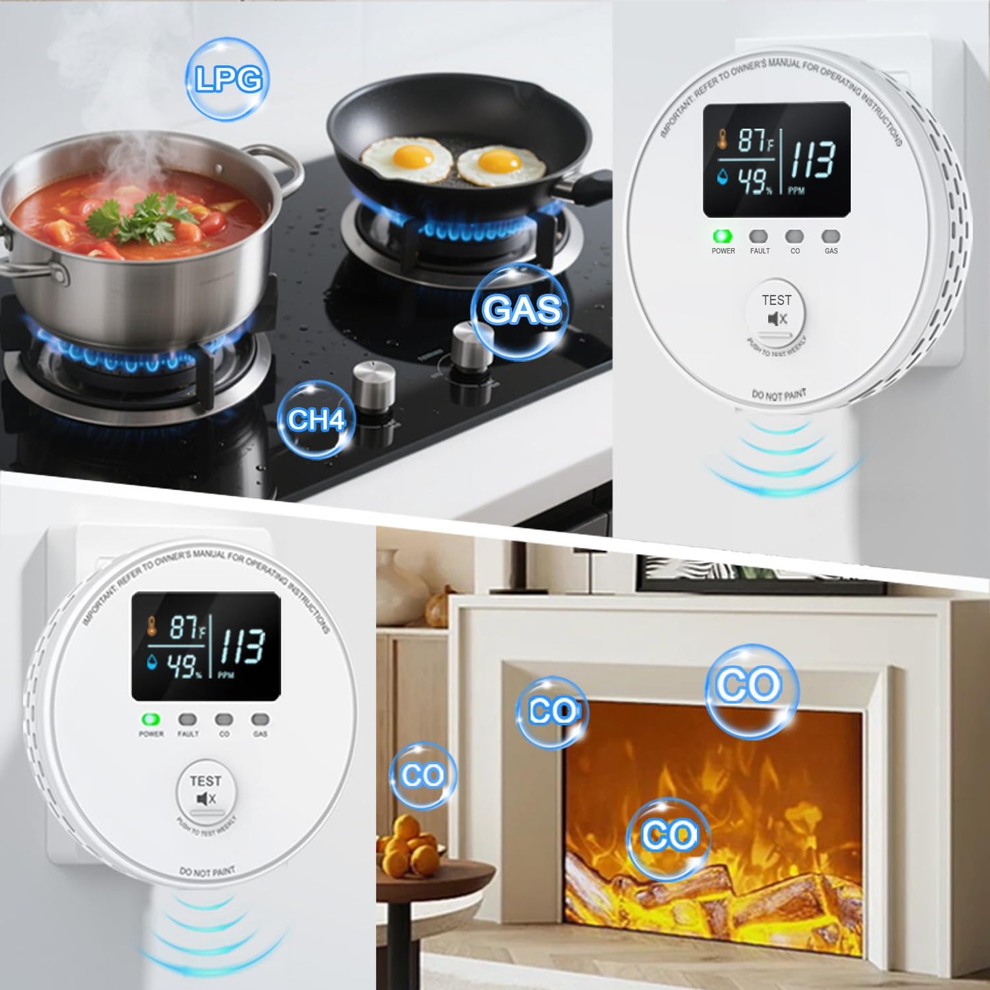 4-in-1 Carbon Monoxide Detectors Plug in, Combination Natural Gas Detector & Carbon Monoxide Detector with HD Digital Display, Monitors CO, Gas, Temp, Humidity - Home Safety for House, RV, Apartment