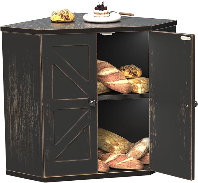 Corner Bread Box for Kitchen Countertop, Storage Container for Homemade Bread, Double Layer BreadBox, Large Capacity Bread Storage Bin, Vintage Farmhouse Breadbox Organizer,Antique Black