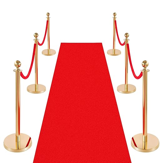VEVOR Stanchions and Velvet Ropes 6Pcs, Hollow Base with Stainless Steel Post & 26.25ft Carpet, 4 Red Velvet Ropes, Crowd ...