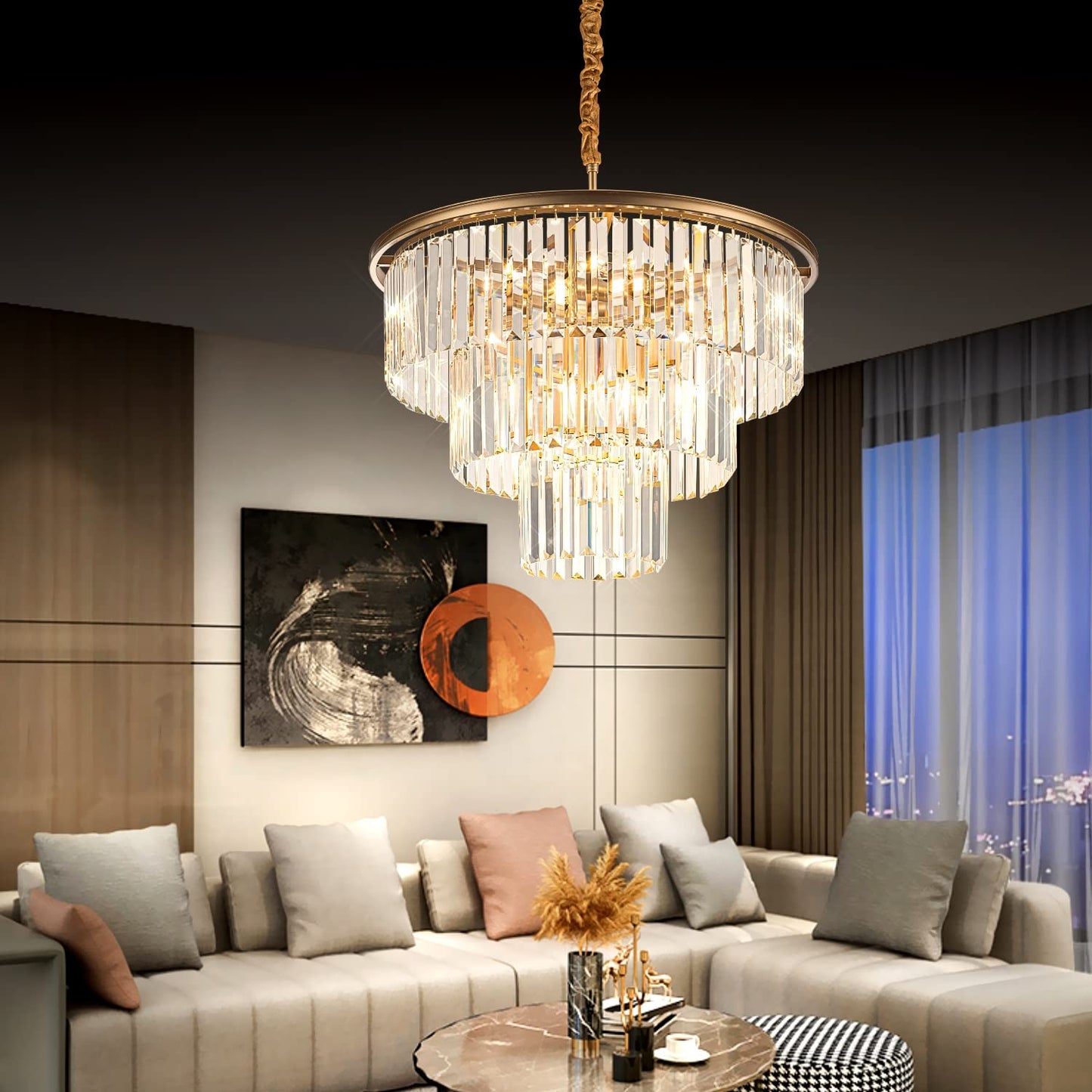 Brfaixla 12-Light 23.64 Gold Modern Crystal Chandelier Crystal Pendant Chandeliers Light Fixture 3-Tier Hanging Lighting For Living Dinning Room Bedroom Foyer