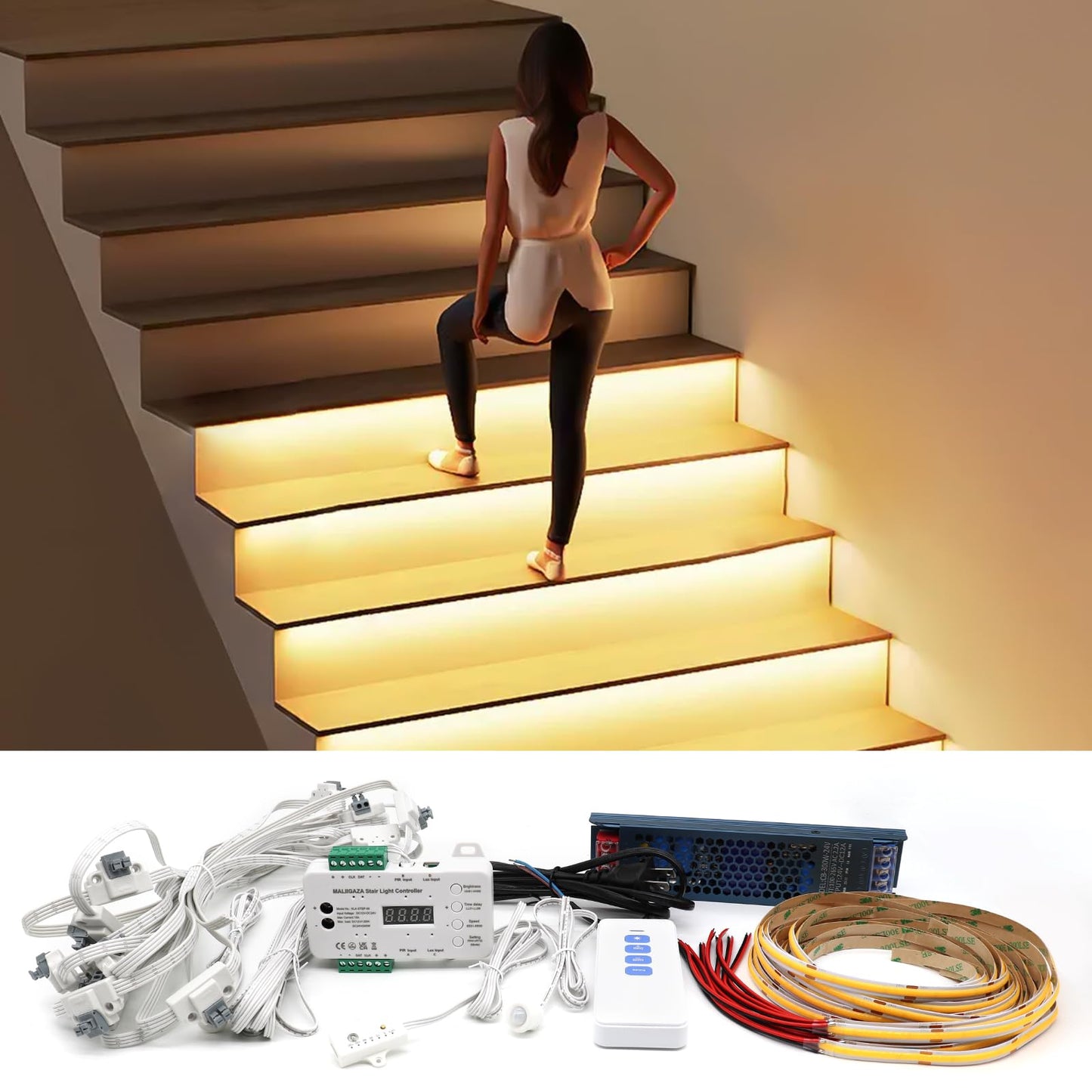 MALIIGAZA Intelligent Motion Sensor LED Stair Light Kit, 47.2 Inch Cuttable Strip, 3000K, Plastic, Model STEP-09-20S-WW-1.