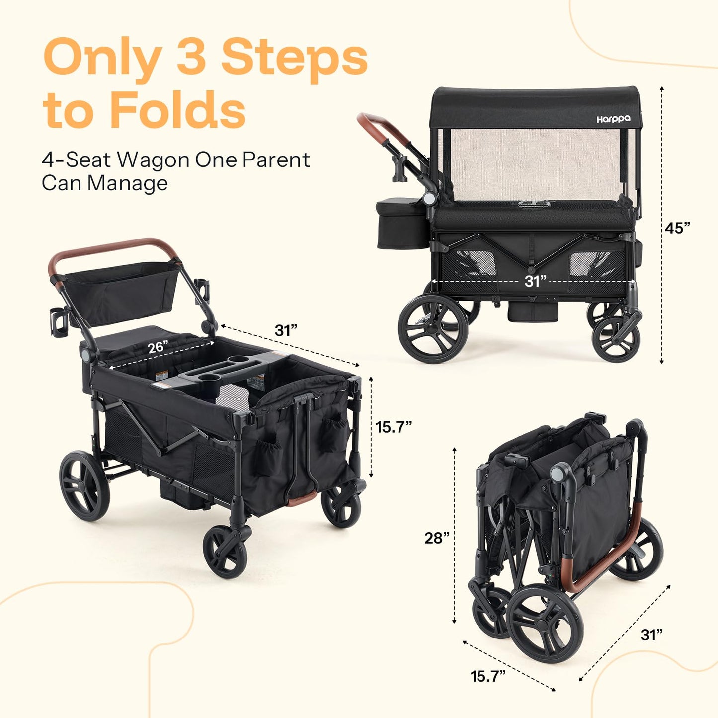 Harppa Remy Wagon Stroller for 4 Kids, Foldable 4-Seater Stroller Wagon with Mosquito Net Canopy,Snack Tray, All-Terrain 11" Wheels, 220Ibs Capacity for Beach,Zoo,Growing Family Outings Toddler Black