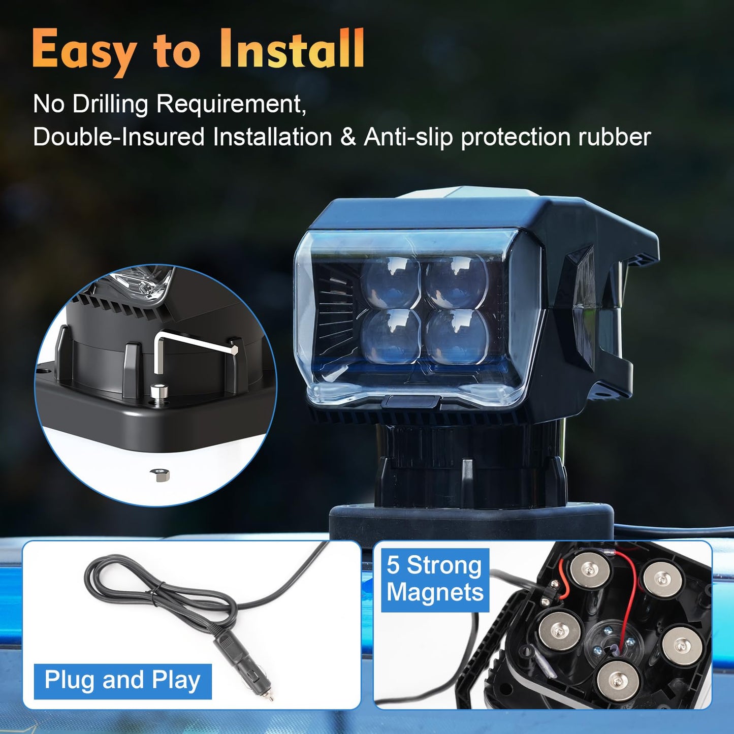 Remote Control Led Spotlight  50W Outdoor Searchlight 360Rotating Automatic Led Spotlight For Truck Boat With 5 Strong Magnets  Waterproof Go Outdoor Spot Lights For 12V/24V