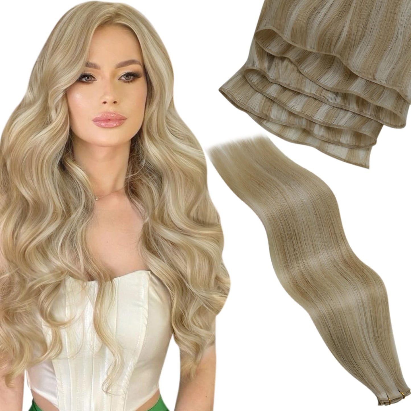 LaaVoo Hand Tied Weft Hair Extensions Human Hair Blonde Highlights Genius Hair Extensions Weft Blonde Sew in Hair Extensions Rea