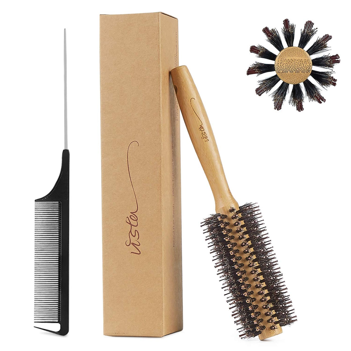 Vista Round Brush Bamboo with Pin Tail Comb Natural Boar Bristle Hair Brush Round for Blow Drying for Women Hairbrush for Wet or