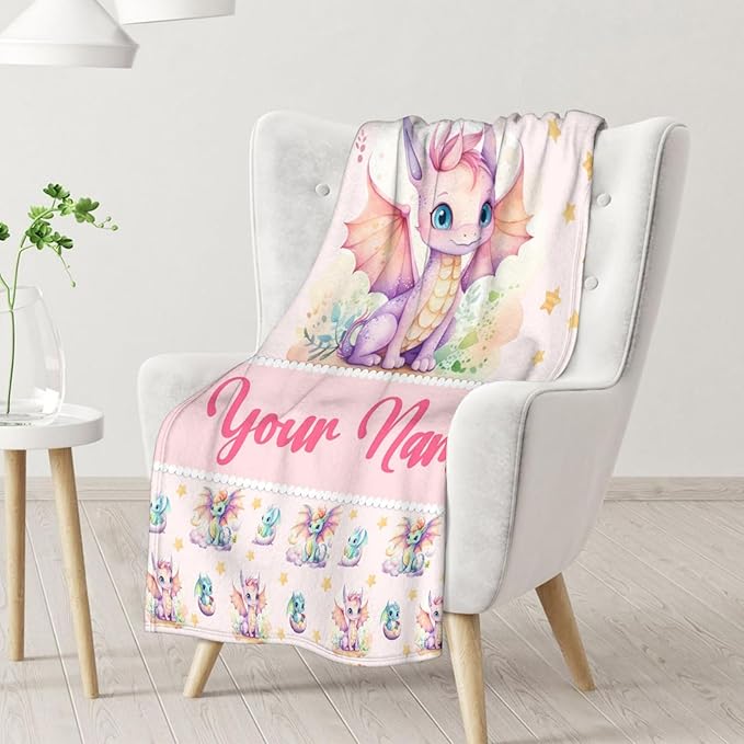 Custom Dragon Blanket Gifts with Name - 50x60 Inches Cute Throw Blanket for Babies, Kids, Boys & Girls - Pink Soft Fuzzy Blankets for Couch, Sofa & Bed