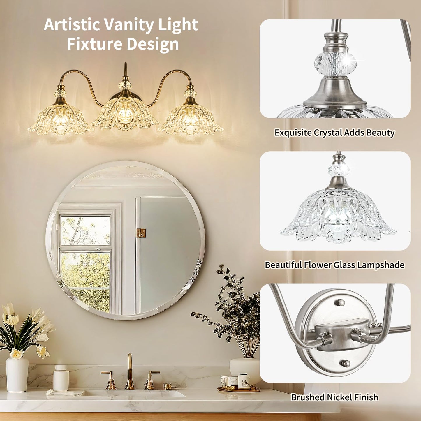 Brushed Nickel 3-Light Bathroom Vanity Light With Floral Clear Glass Shades  Brushed Nickel Wall Mount Lighting For Bathroom  Dressing Table