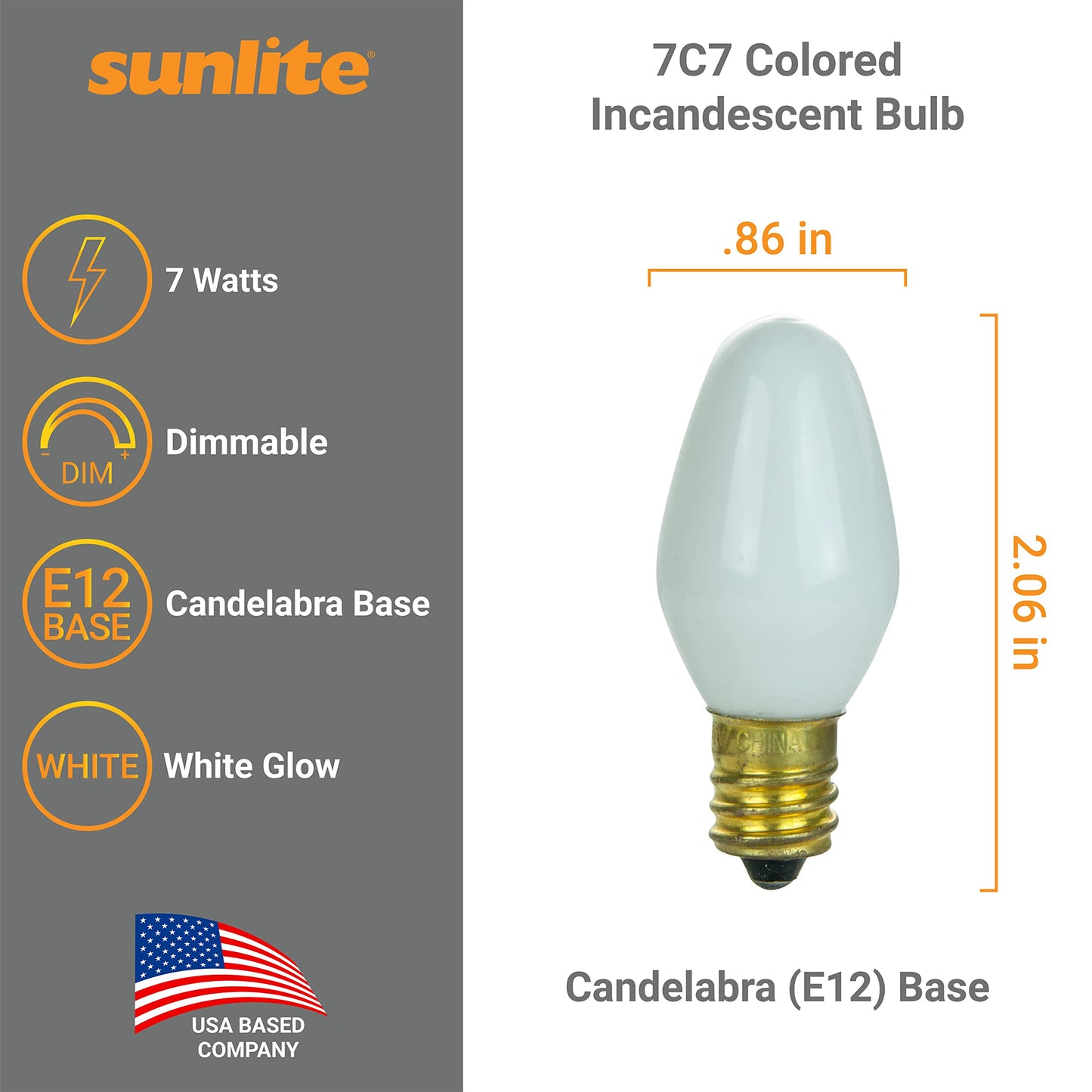 Sunlite 7 Watt C7 Incandescent Bulb, Candelabra E12 Base, White, 25 Count, Model 01285