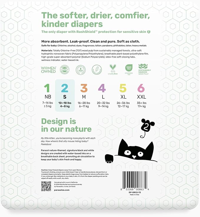 Parasol Clear+Dry Disposable Diapers, RashShield Protection and Leak-Control Fit, Hypoallergenic Diapers, Size 2 (10-18 lbs), 288 Count