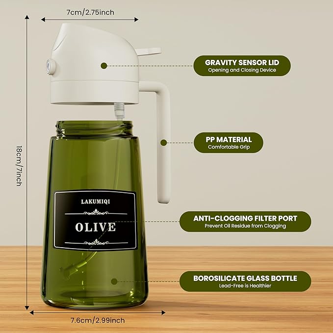 2 in 1 Oil Sprayer for Cooking 16oz, Green Light-Blocking Glass Olive Oil Dispenser Bottle, Food-Grade Oil Mister with 8 Stickers for Kitchen Salad Frying
