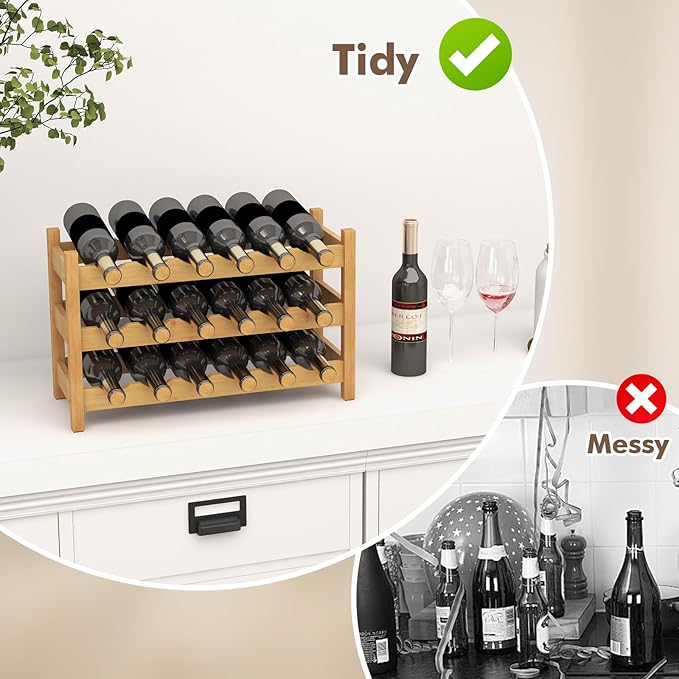 Giantex Bamboo 3-Tier 18-Bottle Wine Storage Cabinet Shelf, Small Countertop Wine Organizer for Kitchen, Bar, Pantry & Wine Cellar, Natural
