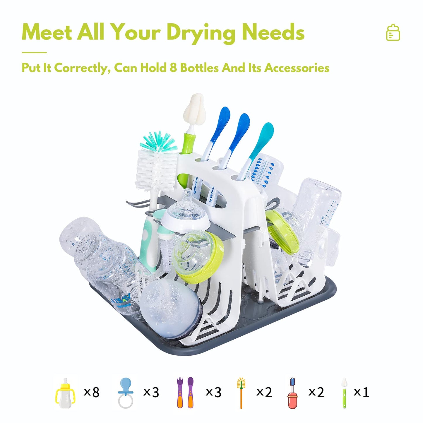 CAREBABYMORE High Capacity Drying Rack with 5pcs Brushes, Deluxe Countertop Drying Rack, Universal Drying Station, Baby Bottle Drying Rack with Bottle Brushes, White
