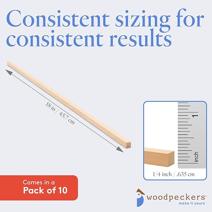 DIY Wooden Square Dowel Rod 1/4-inch x 18 Pack of 10 Hobby Wood Sticks for Crafts, Wood Trim & Architecture Model Making, by Woodpeckers
