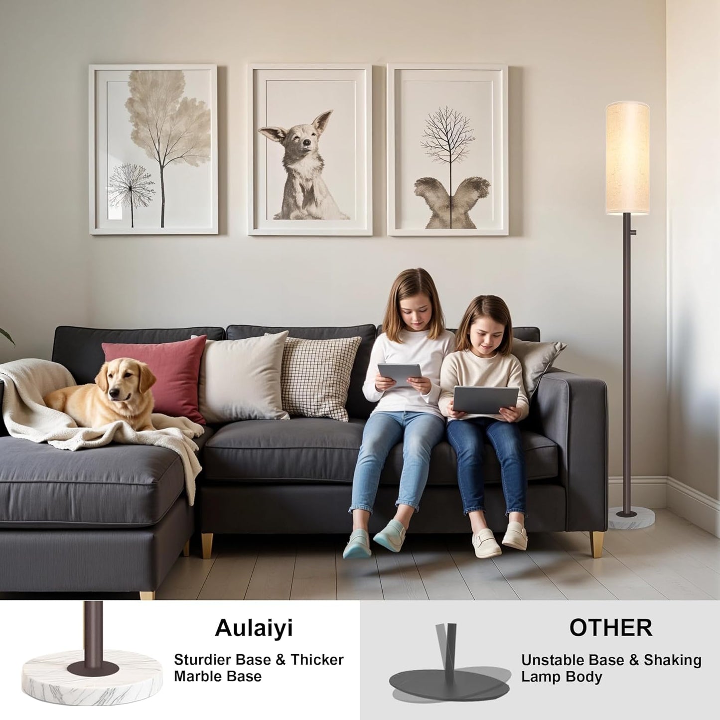 Dimmable Gold Floor Lamp for Living Room,Modern Standing Lamp with Marble Base,LED Bulb Included,Floor Lamps for Bedroom, Living Room,Office,Reading and Nursery(Brown Floor Lamp)