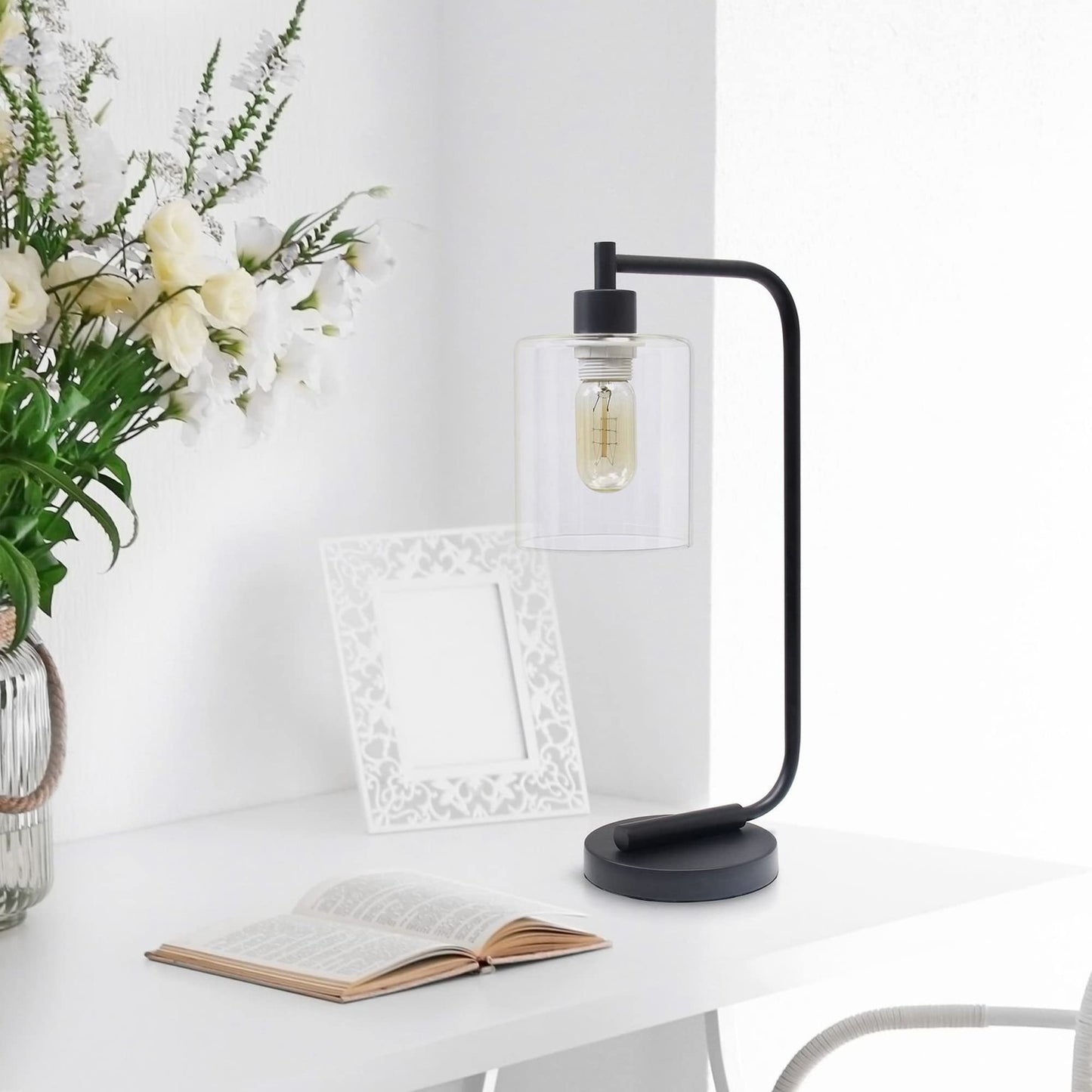 LALIA HOME Modern Iron Desk Lamp, Glass Shade, 9 x 5.75 x 19, Black, Model LHD-2003-BK