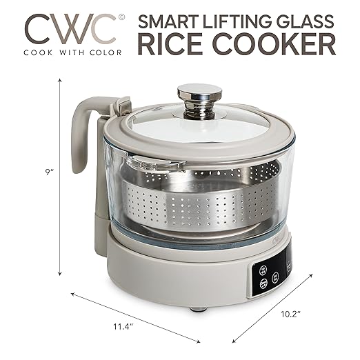 COOK WITH COLOR 3L Glass Mini Low Carb Rice Cooker – Holds 2 Cups Raw/Makes 6 Cups Cooked with Auto Lift Filter Basket, Hotpot & Steamer for Rice, Grains, Digital Panel with Keep Warm, Greige
