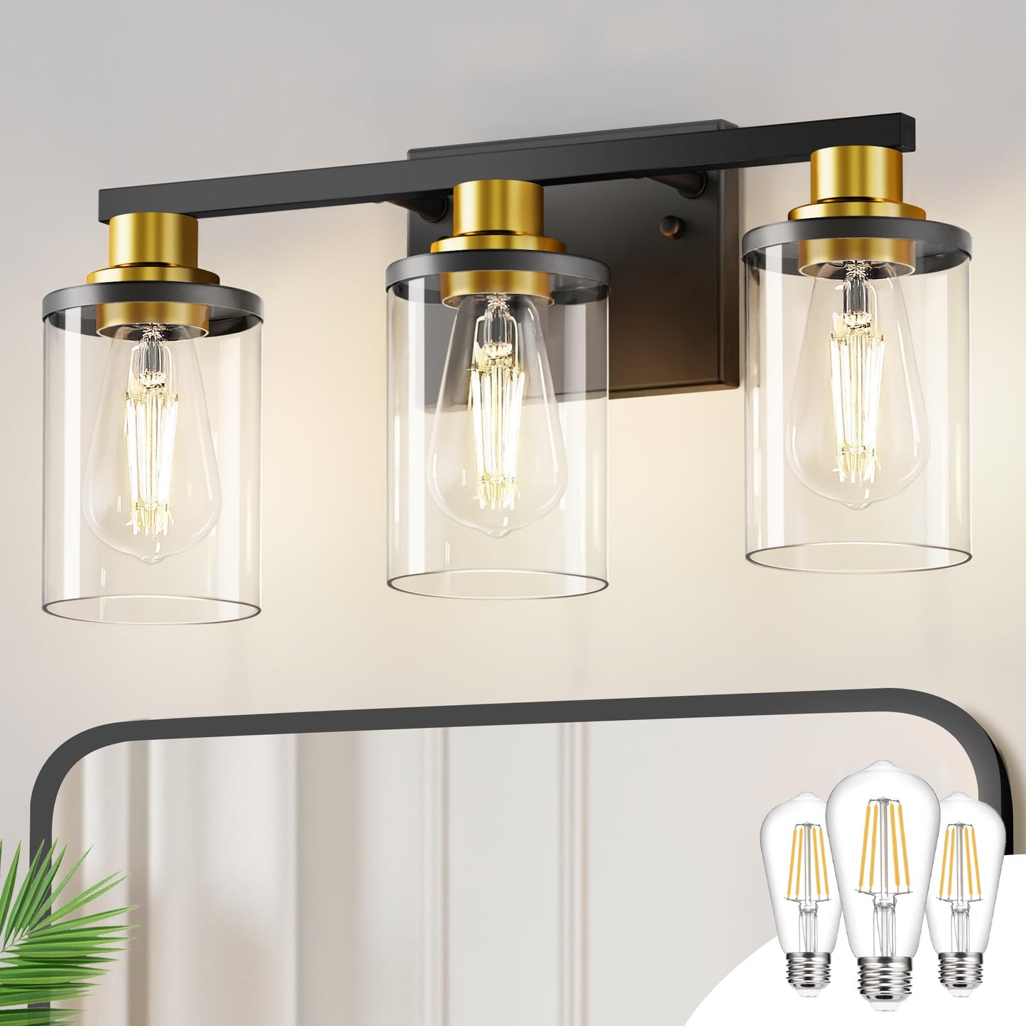 Doresshop 17 Inch Bathroom Light Fixtures  3-Light Black And Gold Bathroom Lighting Fixtures Over Mirror With Glass Shade  Modern Vanity Lights For Hallway Bedroom  Includes Bulbs