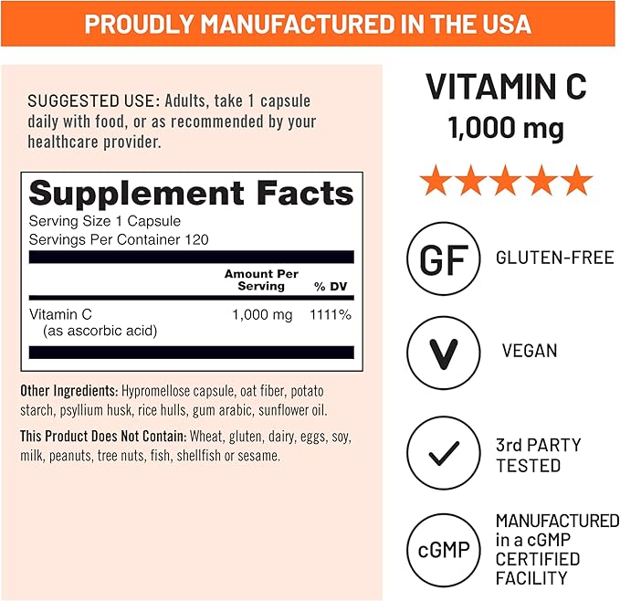 NatureWise Vitamin C 1000mg Capsules - Extra Strength Vegan Vitamin C for Daily Antioxidant & Immune Support - Non-GMO, USA Manufactured - 120 Capsules[120-Day Supply]