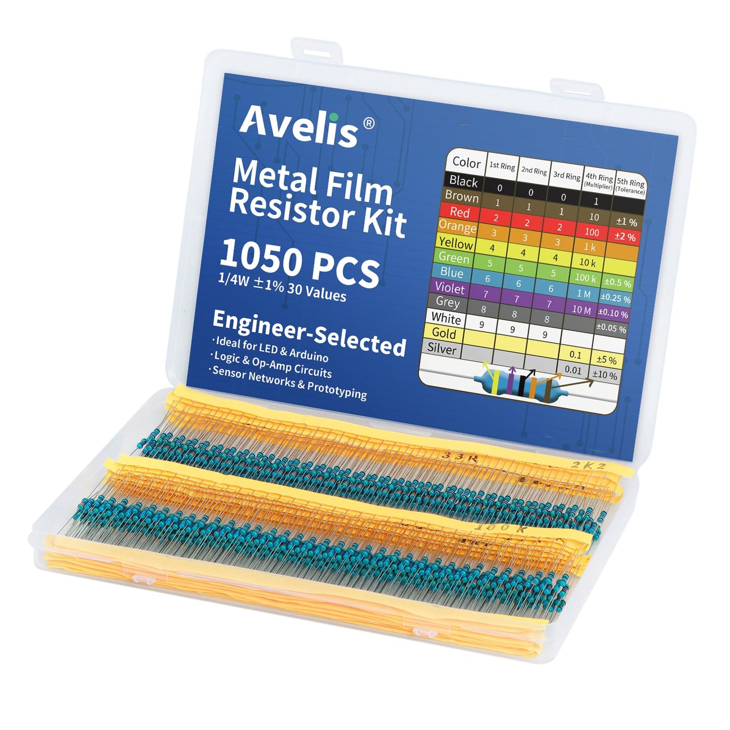 Avelis 1050 Pcs 30 Values Resistor Kit 1/4 W +-1% Metal Film Fixed Resistors Assortment Kit, 10 ohm- 1M ohm, 35 Each, High Precision Electronic Component Set for Arduino