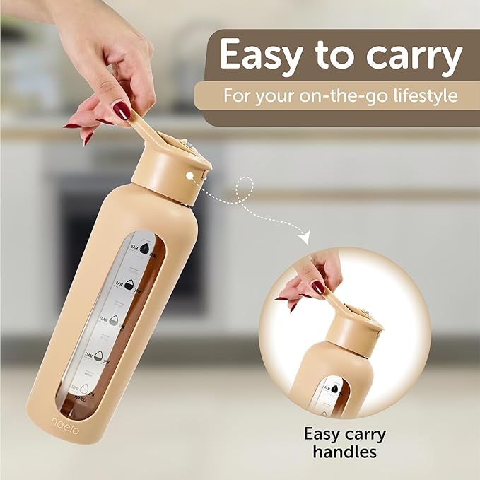 24oz Glass Motivational Water Bottle with Flip Lid Straw, Silicone Protective Sleeve, Handle, Reusable BPA Free (Black)