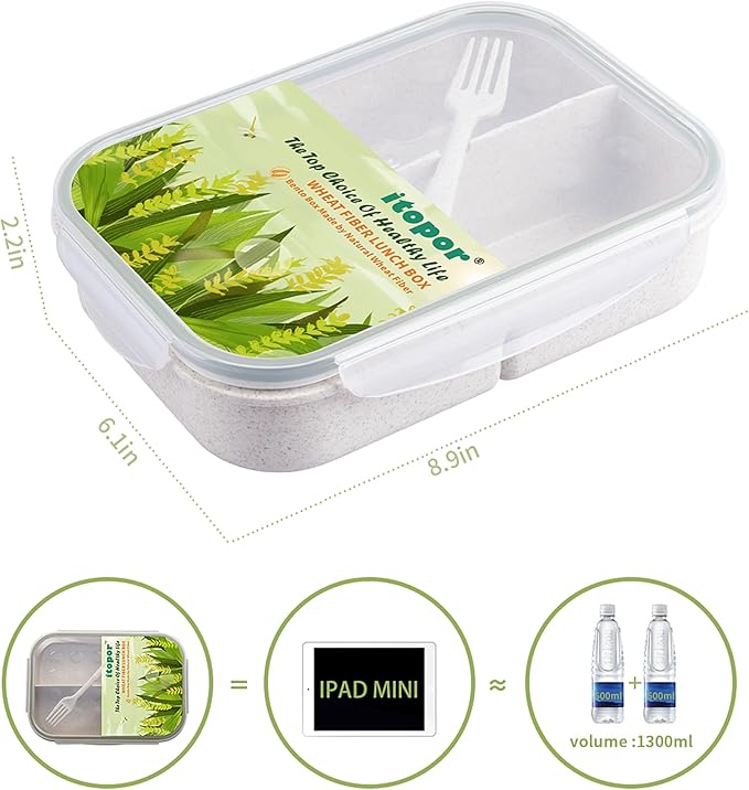Wheat Straw Bento Box, BPA-Free Lunch Box for Kids & Adults - Leakproof 3-Compartment Lunch Containers with Utensil, Microwave & Dishwasher Safe, 5.5 Cup White