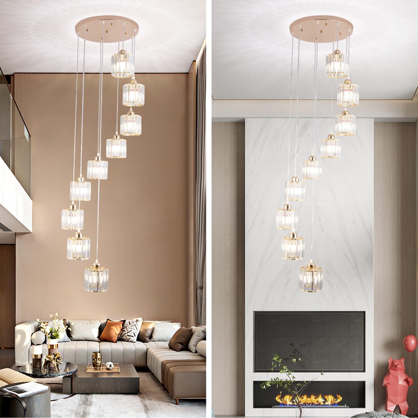 Cainjiazh High Ceilings Long Chandeliers Modern Crystal Pendant Light Raindrop Drop Lamp Hanging Chandeliers Flush Mount Lighting Fixtures For Staircase Foyer Entryway Gold 9 Lights