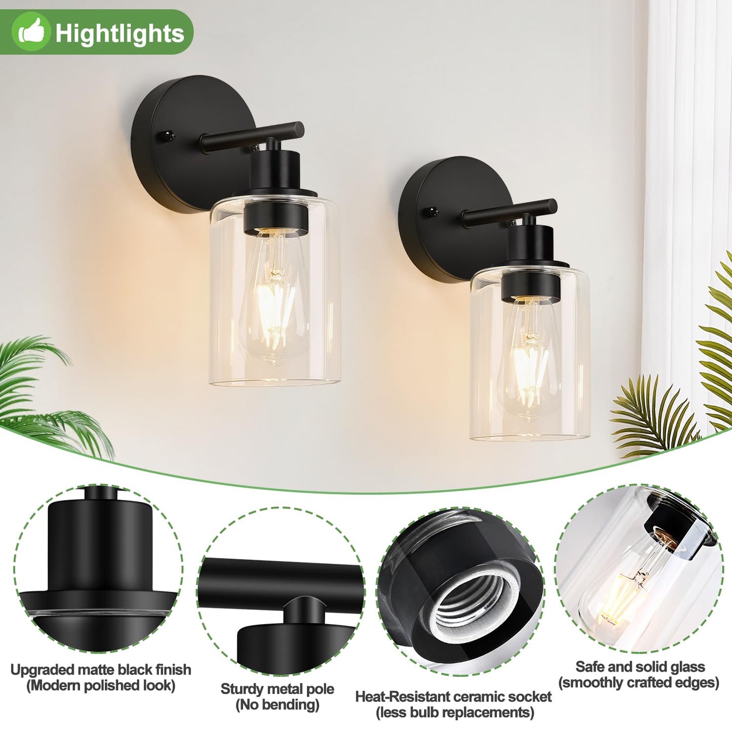 Zarbitta Set Of 2 Wall Sconces For Bathroom Black Modern Vanity Lights With Clear Glass Shade Bathroom Wall Lamp For Mirror Kitchen Living Room Hallway Cabinet Porch