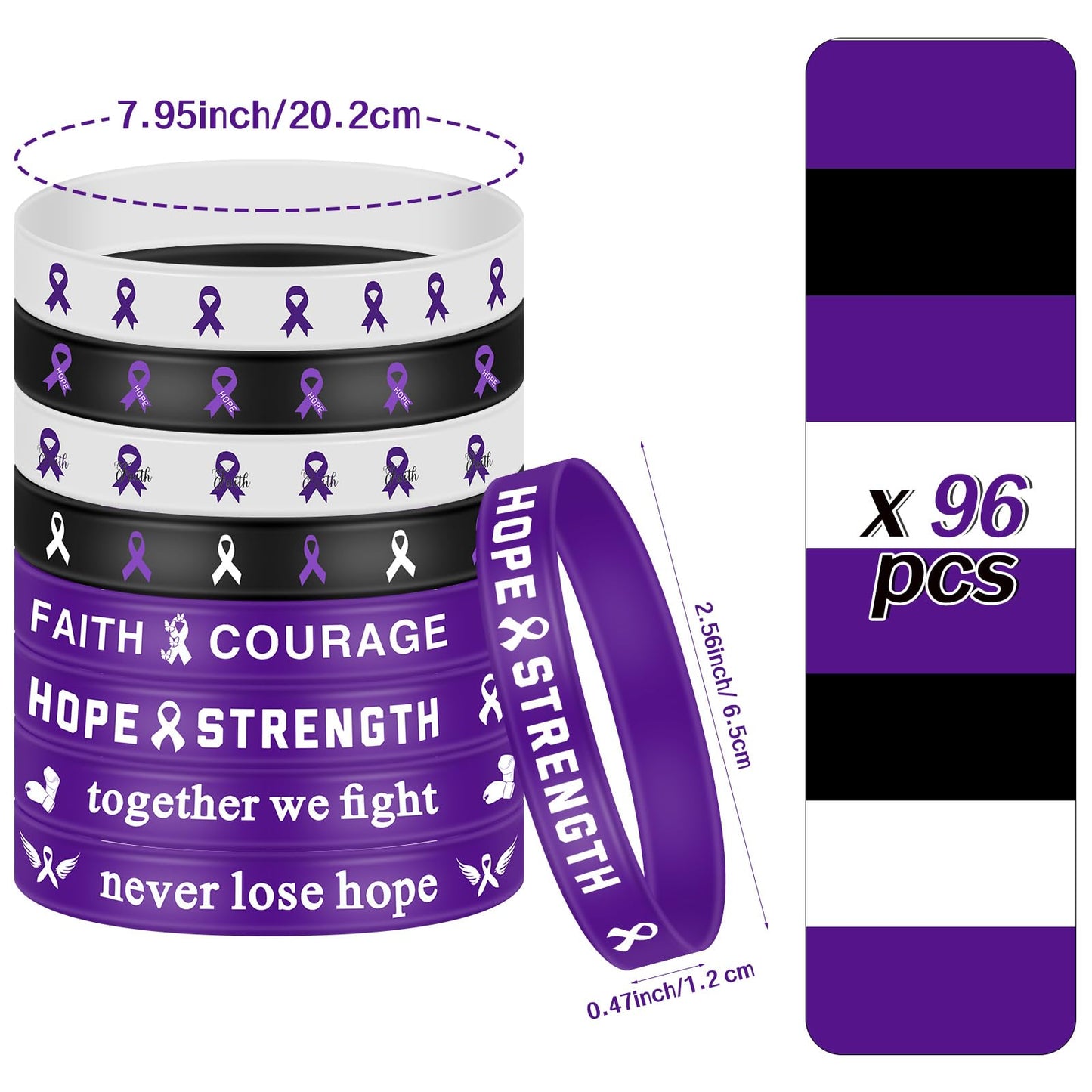 Karenhi 96 Pieces Purple Ribbon Awareness Wristbands Silicone Rubber Bracelets with Hope Faith Strength Courage Inspiring for Pa