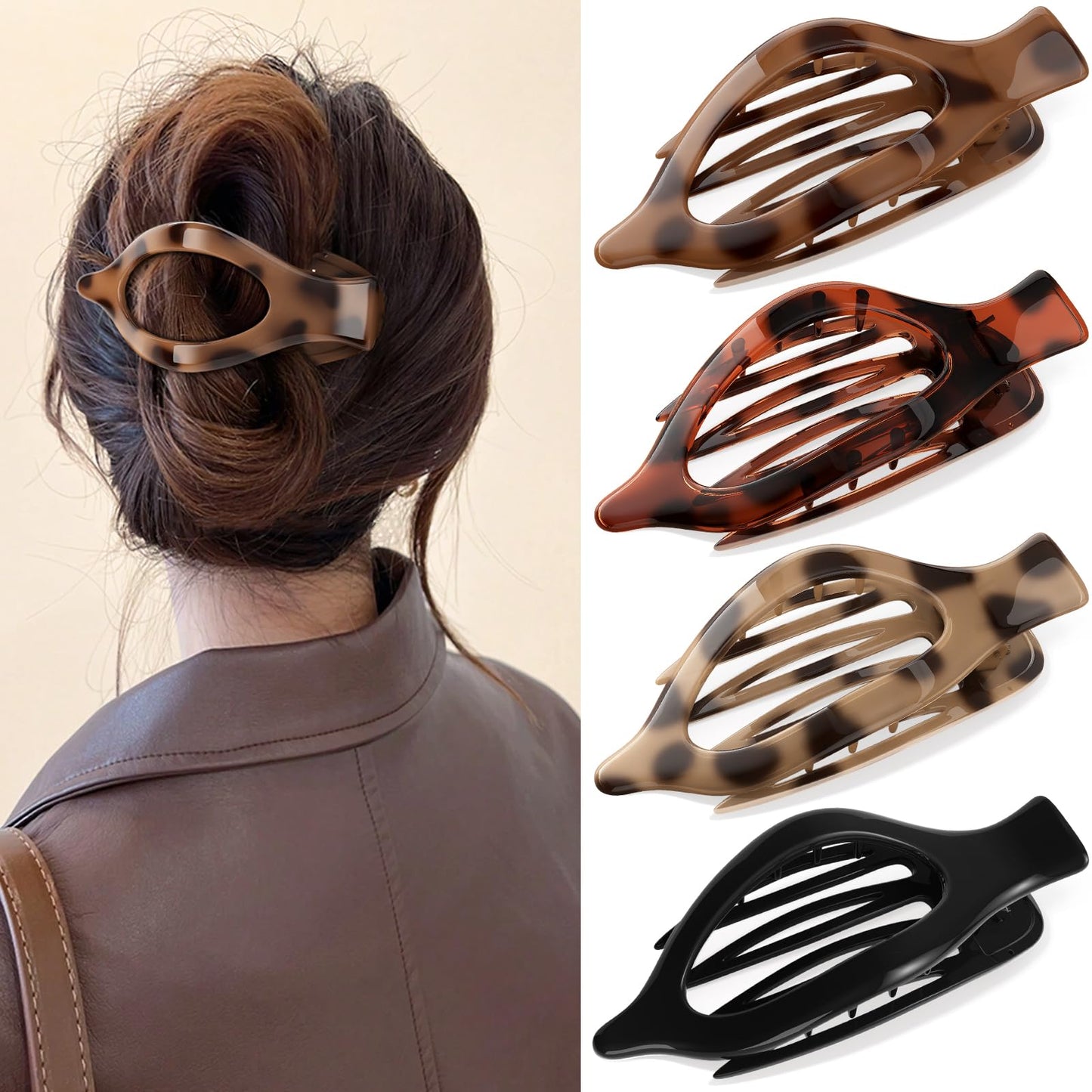 Oeusnael 4 PCS Large Flat Hair Clips for Women Girls, French Concord Lay Down Claw Clips for Thick Thin Hair, Comfortable Curved