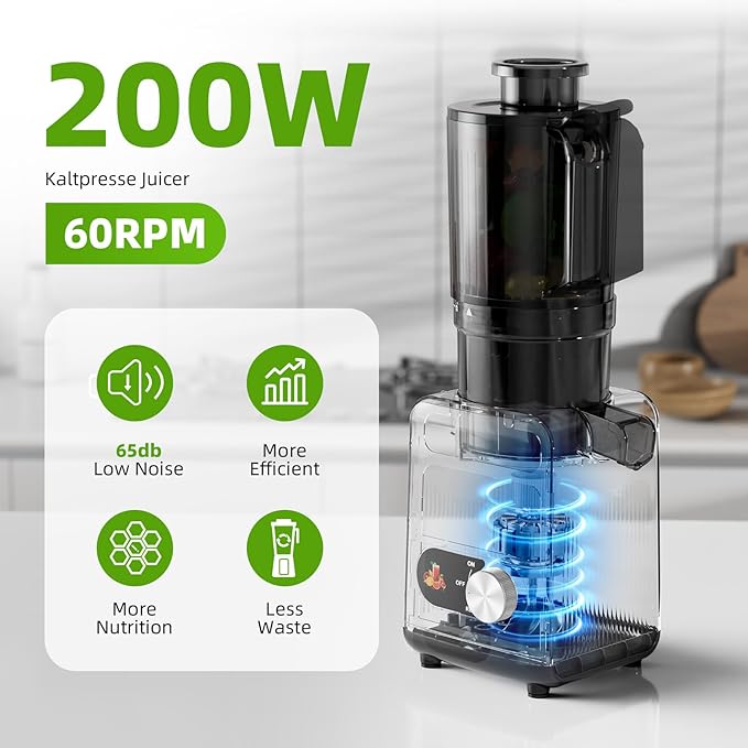 Crzoe Cold Press Juicer with a 4.35 Wide Feed Chute for Whole Fruits and Vegetables, Knob control, Slow Masticating juicer, Easy to Clean Low noise and High juice Yield, Stainless Steel