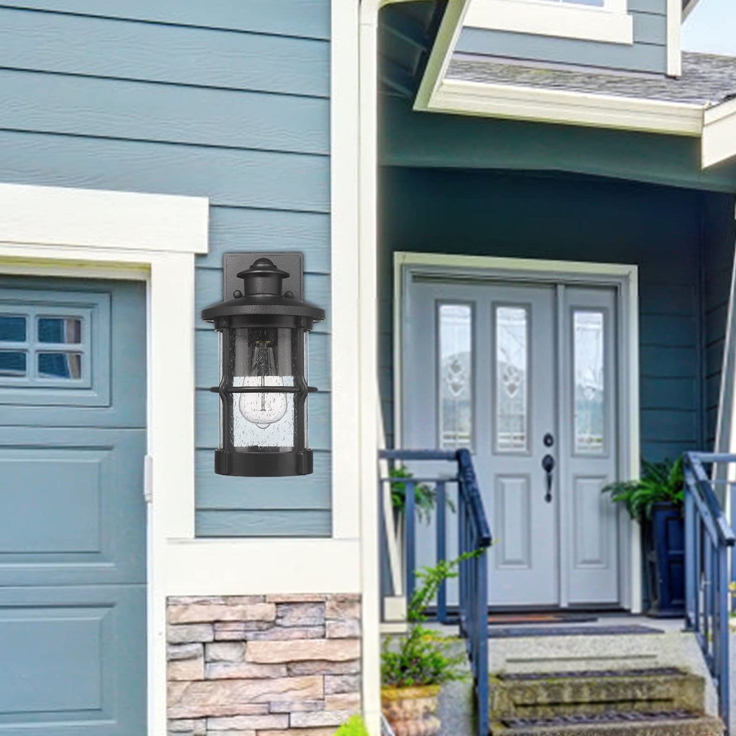 Rosient Outdoor Wall Sconces  Dusk To Dawn Outdoor Lights  Exterior Wall Mount Lighting  Entryway Light Fixture In Black Finish With Seeded Glass