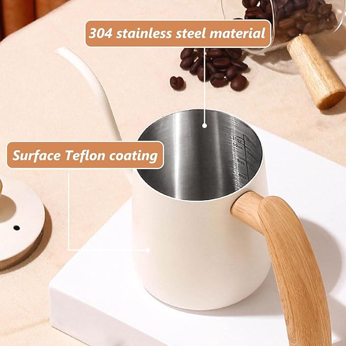 Pour Over Coffee Kettle Gooseneck Tea Pot 304 Stainless Steel Hand Coffee Maker Kettle-Barista Pour Control Design,Wood Handle and Long Narrow Spout Camping Kettle(Color: white,Size:12oz)