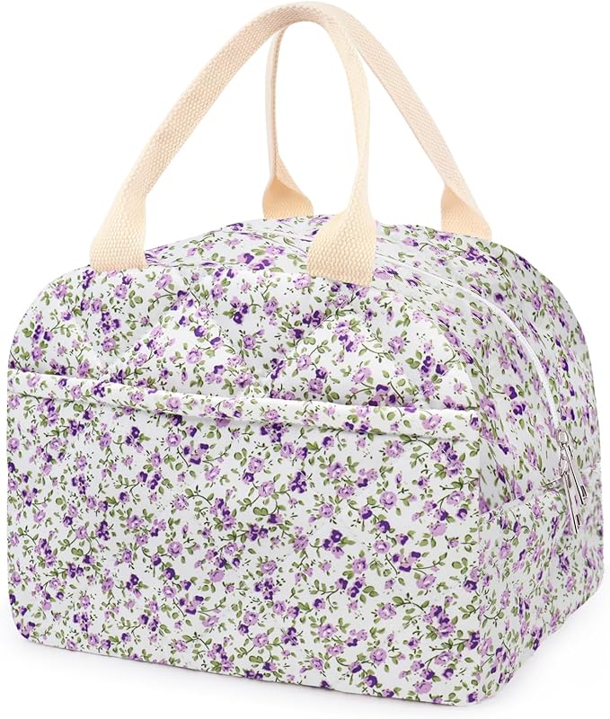 Cotton Quilted Insulated Lunch Bag, Cute Quilted Floral Lunch Tote Bags Reusable Insulated Lunch Box Coquette Aesthetic Large Capacity Insulated Cooler for Women Work Travel Picnic (Purple)