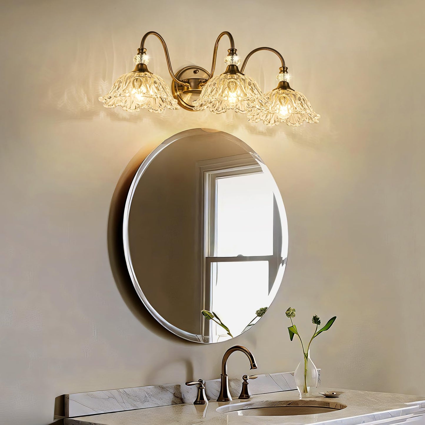 Brushed Nickel 3-Light Bathroom Vanity Light With Floral Clear Glass Shades  Brushed Nickel Wall Mount Lighting For Bathroom  Dressing Table