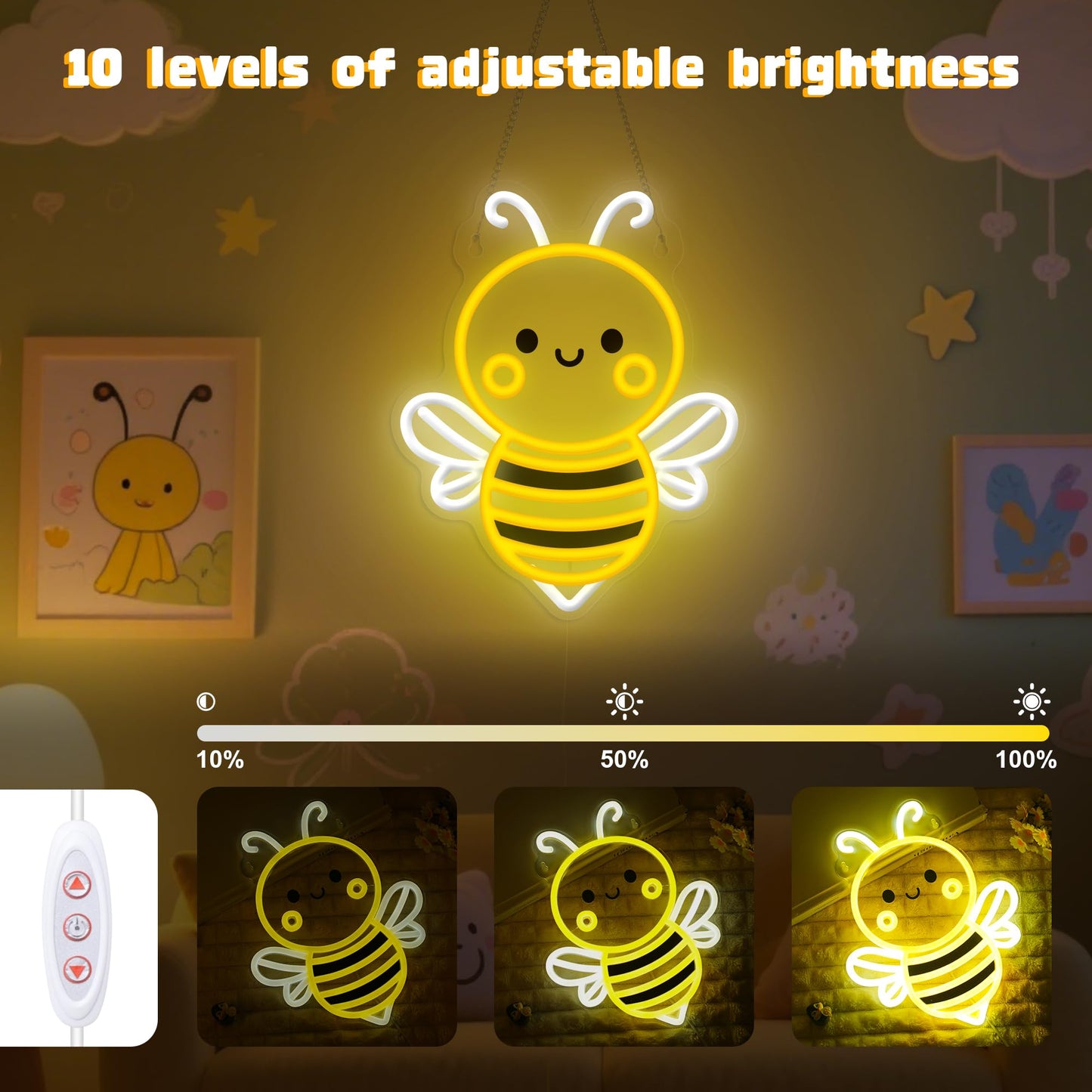 Bee Neon Sign Wall Art  Honey Bee Decor For Bedroom Living Room Office Patio Garden Stores  Usb-Powered Energy-Saving Light With Hanging Kit  Gifts For Kids Women Beekeeper