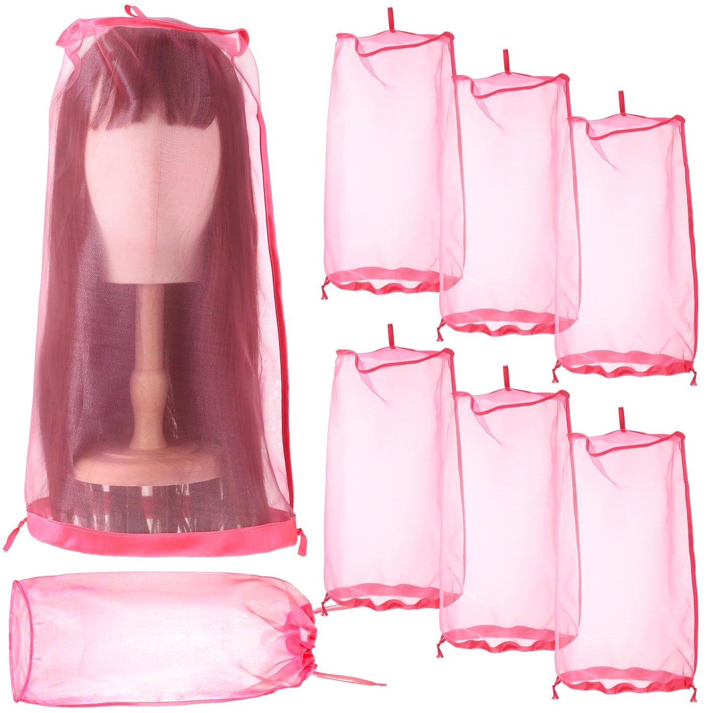 Loopeer 6 Pcs Wig Storage Bags Adjustable Wig Bag with Drawstring Portable Travel Organizer for keep from Dirt Dust(Rose Red)