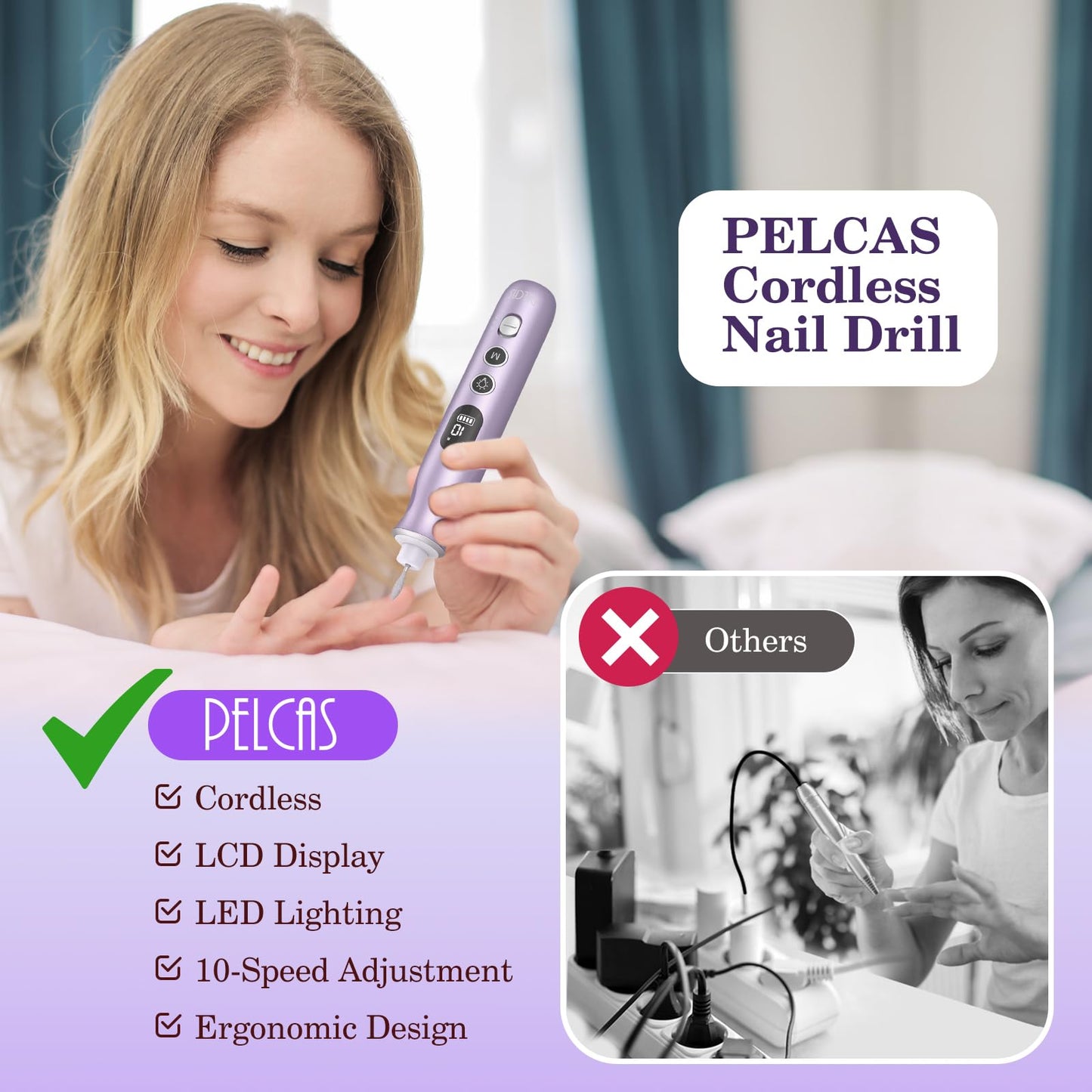 PELCAS Electric Nail Drills, 10 Speeds Cordless Nail File with LED Light, Portable Manicure & Pedicure Kit, Nail Grinder with LC