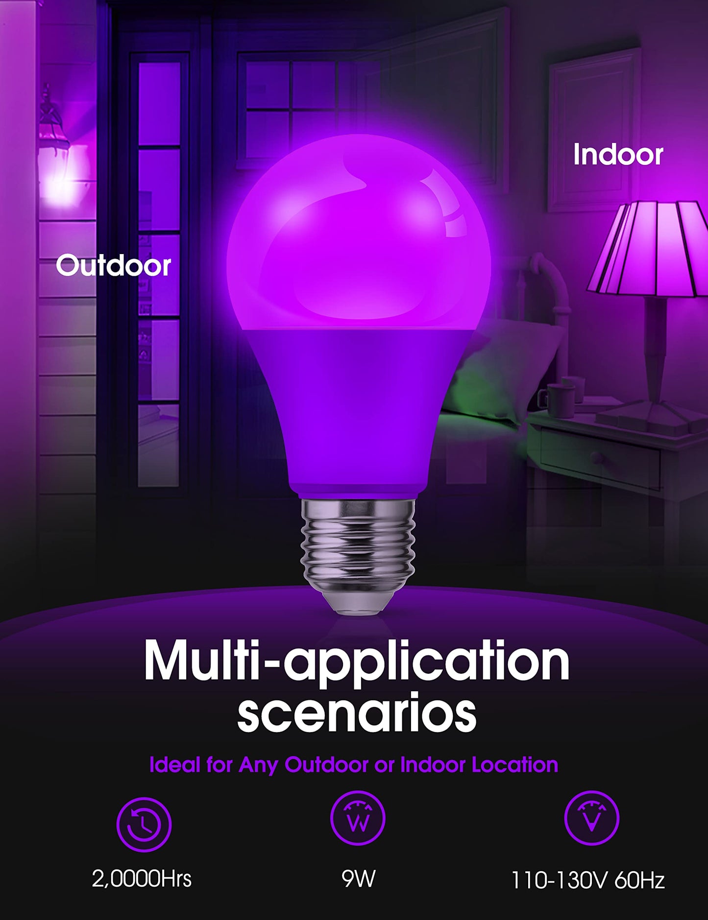 L LOHAS LED Purple LED Light Bulbs A19 9W E26 Base 2 Pack for Outdoor Christmas Decor