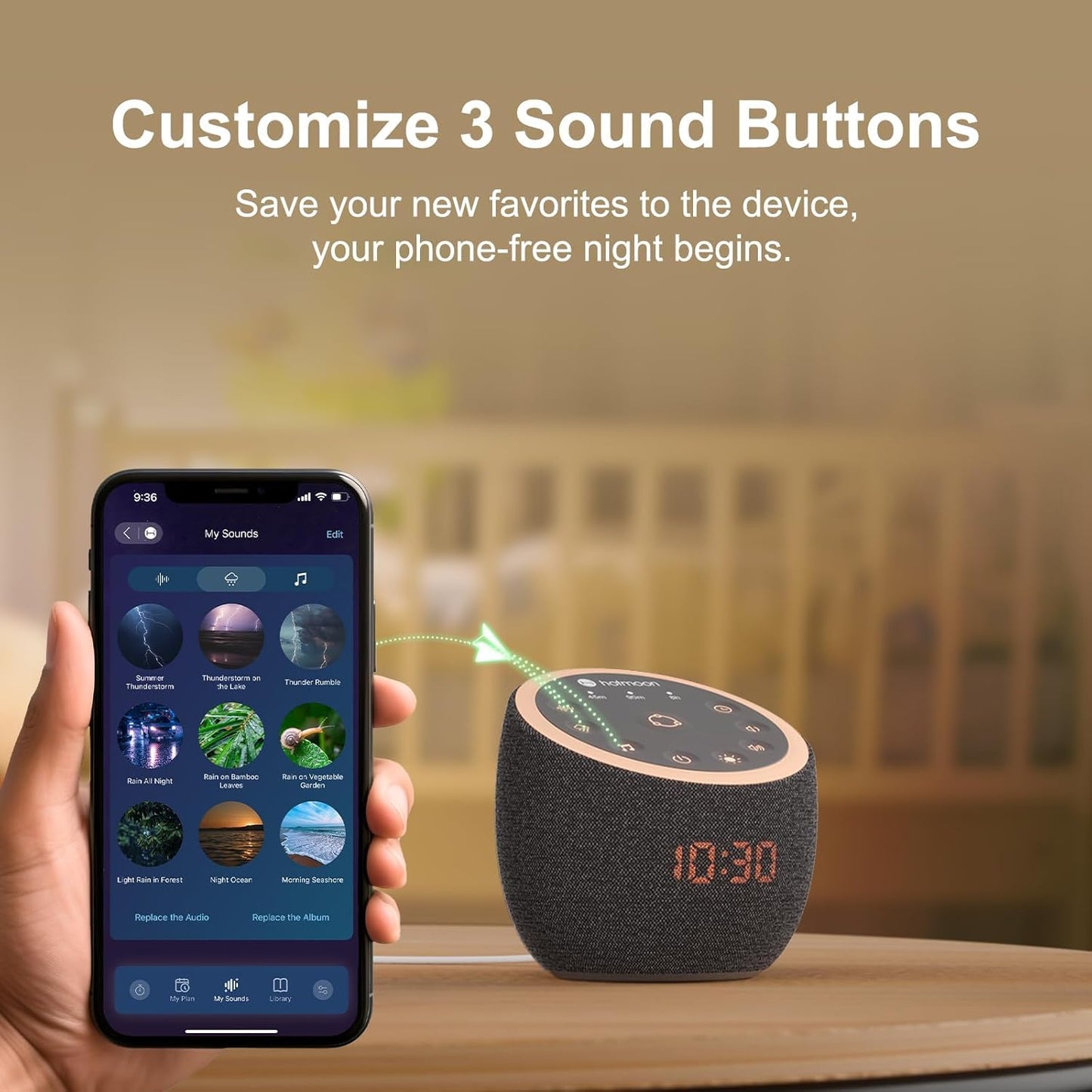 Hotmoon Sound Machine, Cocoon Pro 2 White Noise Machine for Sleeping Adults, 388 Non Looping Sounds & Sleep Timer, Smart App Control Night Light, Nature Sound Pink Green Brown Noise Maker, Plug in