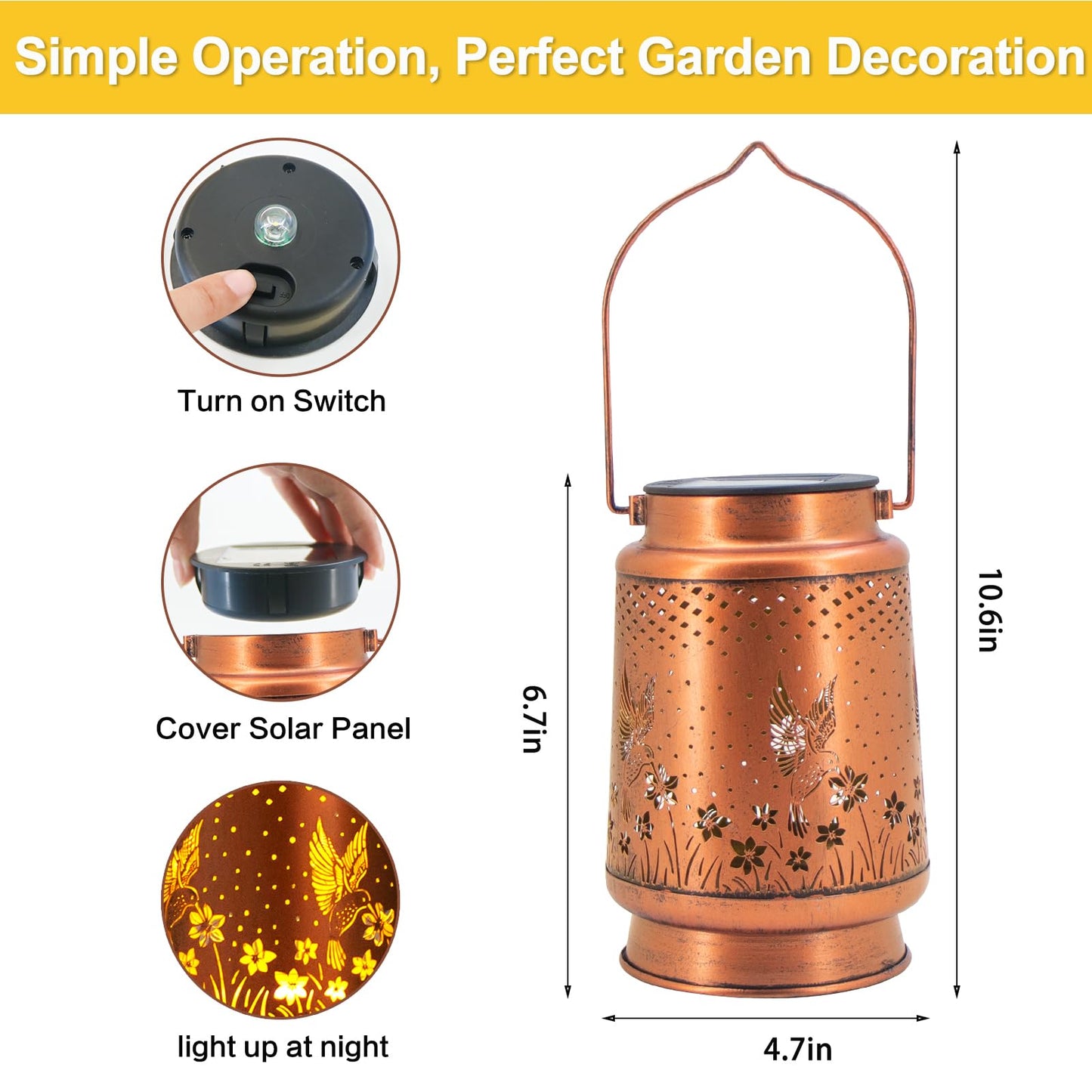 DIBIEECN Hummingbird Solar Lantern Lights - 2 Pack, Waterproof Metal Decor, LED, Bronze, Model MD-DOUBLE-02