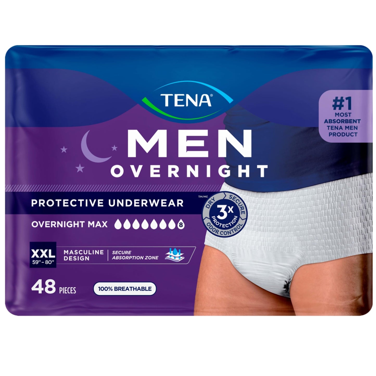 Tena Men Protective Incontinence Underwear for Men, Overnight Max Absorbency, XXL, 48 Count (Waist Size 55in-66in)