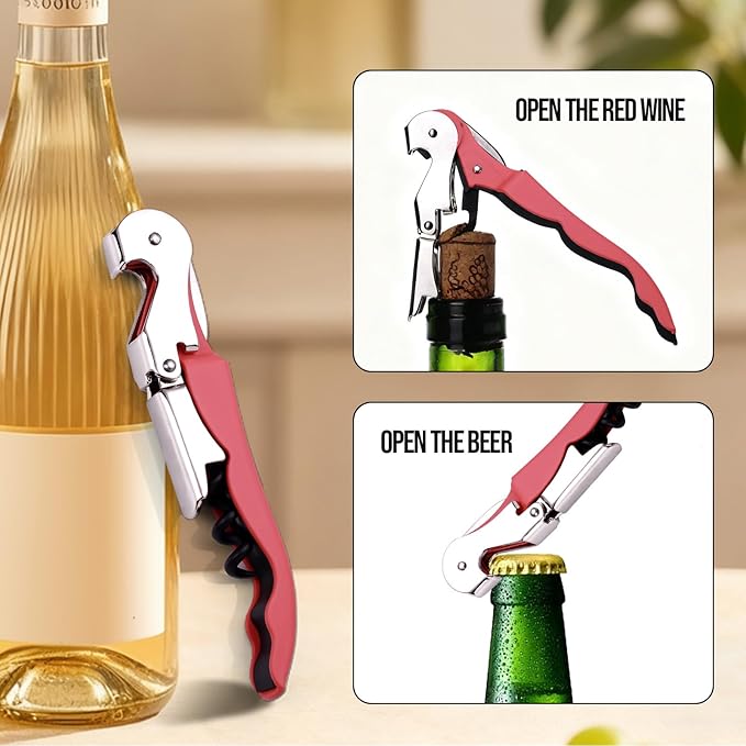 Soft Velvet Touch Waiters Double Hinge Corkscrew Wine Key Bottle Opener，Heavy Duty Waiter Corkscrew, Foil cutter and Bottle Opener,2-pack(2, Coral Pink)